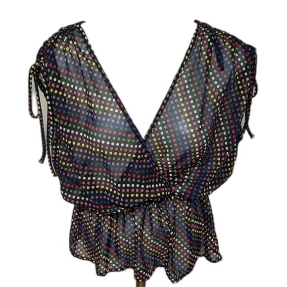 Papaya Blouse Women Small Sheer V-neck Gather Waist Polka Dots Summer Top S - Picture 10 of 10